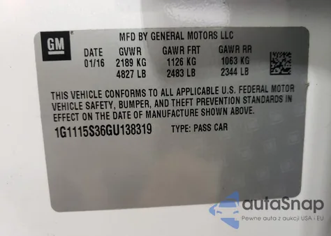 2016 Chevrolet Impala Lt из США, поврежденный, VIN 1G1115S36GU138319